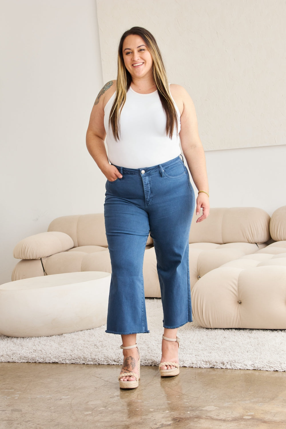 Tummy Control High Waist Raw Hem Jeans - Tigbul's Variety Fashion Shop