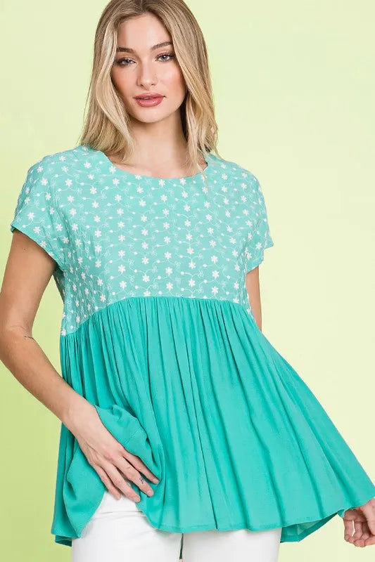 Embroidered Short Sleeve Pleated Babydoll Top Plus Size - Tigbul's Variety Fashion Shop
