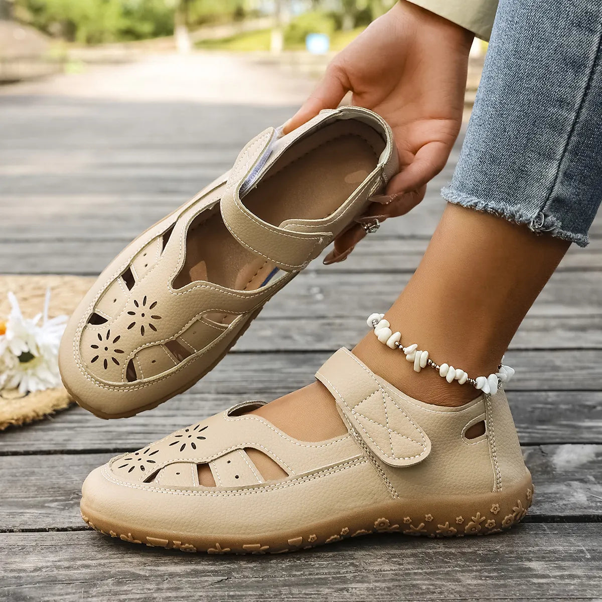 Cutout Velcro Straps Sandals - Tigbul's Variety Fashion Shop