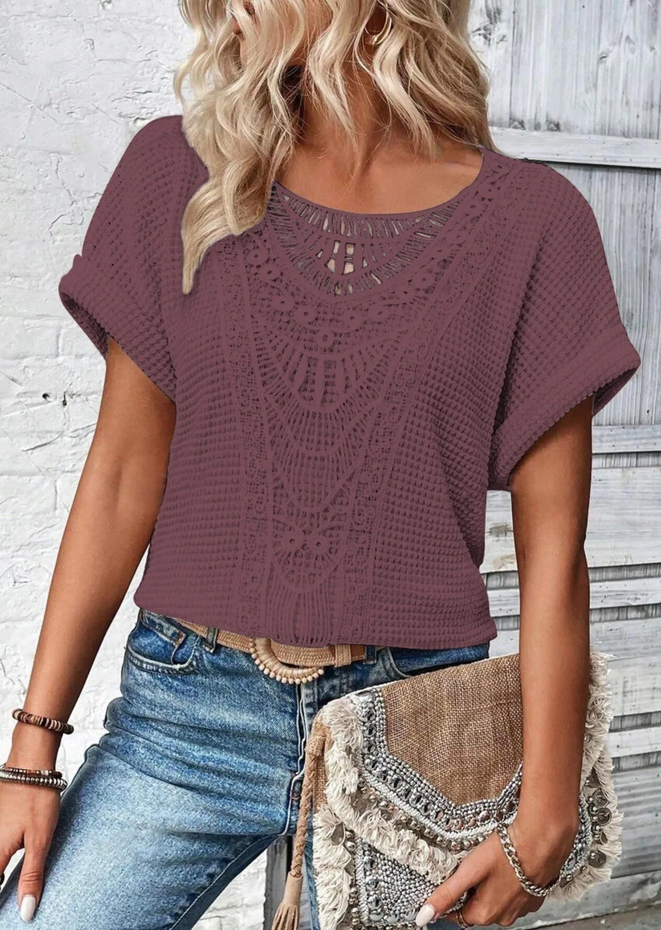 Crochet Lace Short Sleeve Casual T-Shirt - Tigbul's Variety Fashion Shop