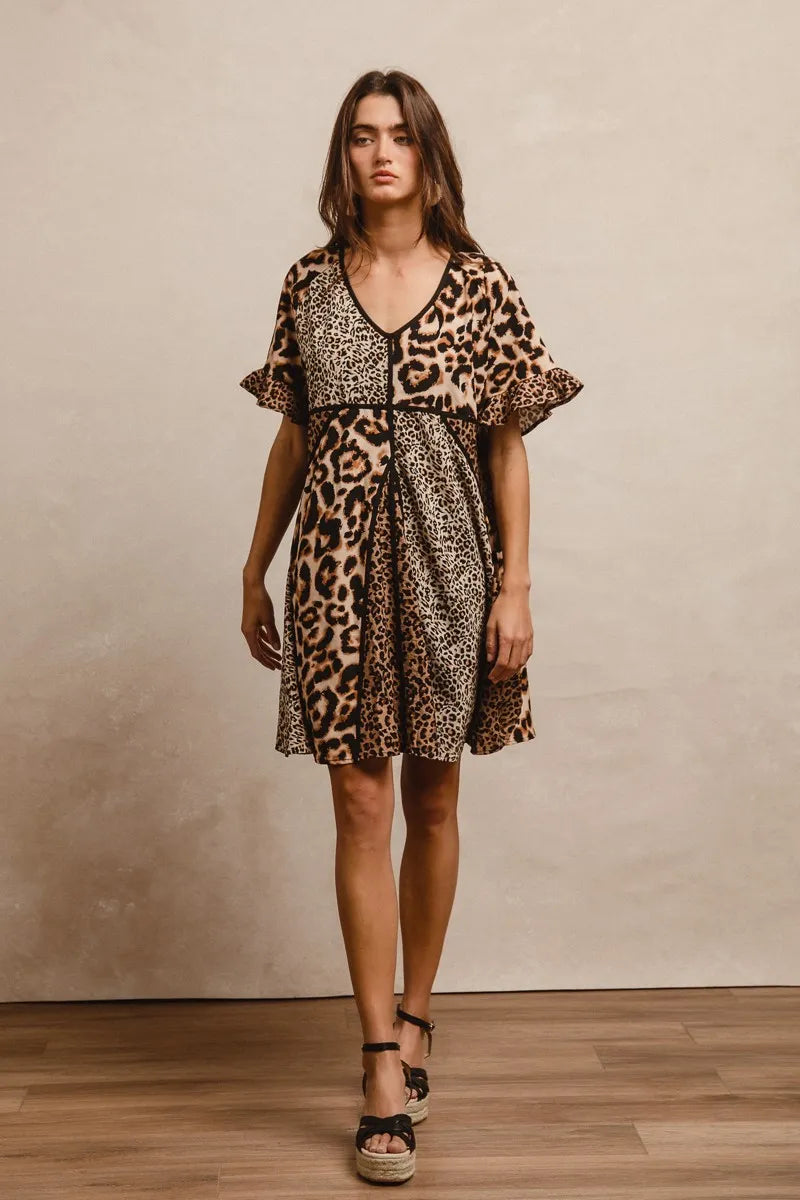 BiBi Leopard Prints Mix and Match Short Sleeves Dress - Tigbul's Variety Fashion Shop