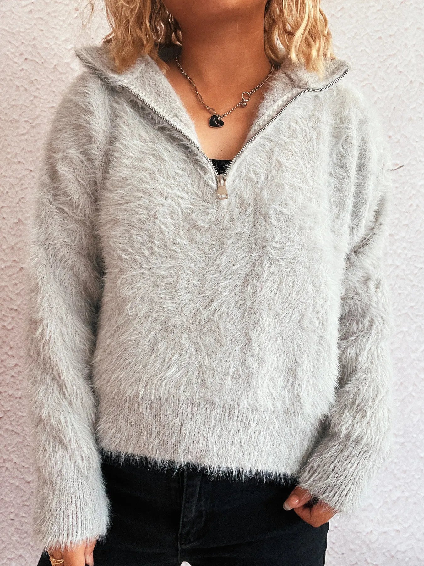 Cozy Fuzzy Half-Zip Sweater - Tigbul's Variety Fashion Shop
