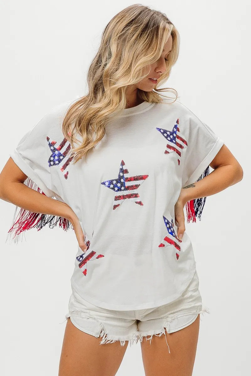 American Flag Sequin Star Fringe Top - Tigbul's Variety Fashion Shop