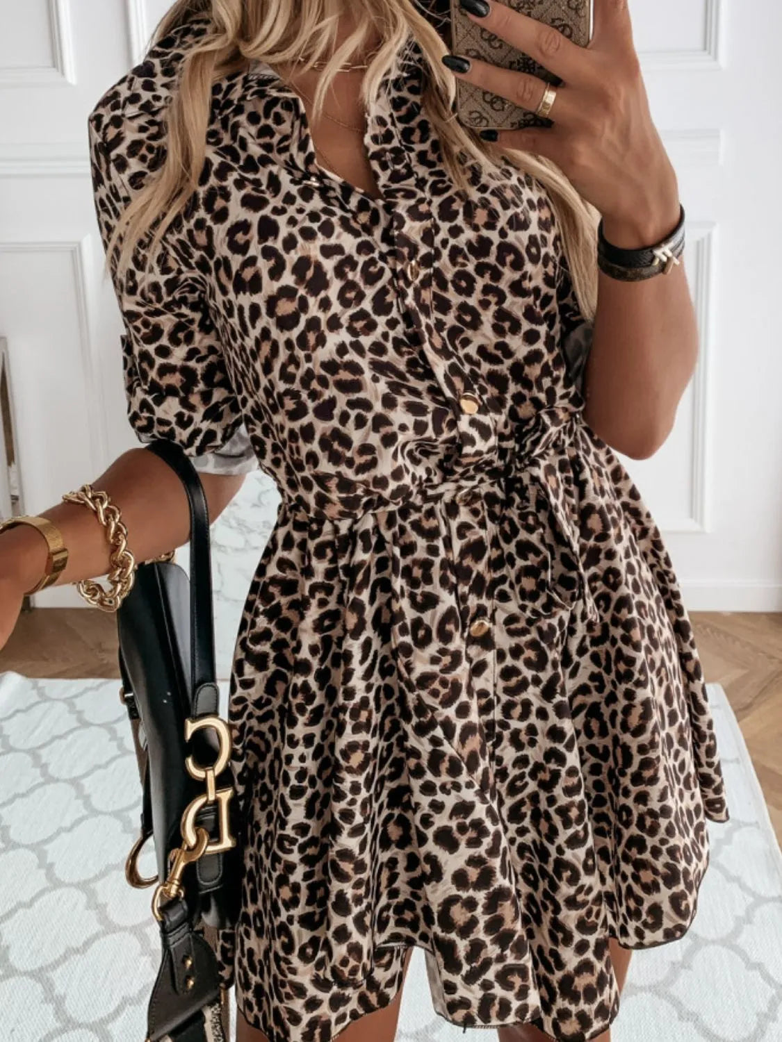 Printed Tie Waist Roll-Tab Sleeve Mini Dress - Tigbul's Variety Fashion Shop