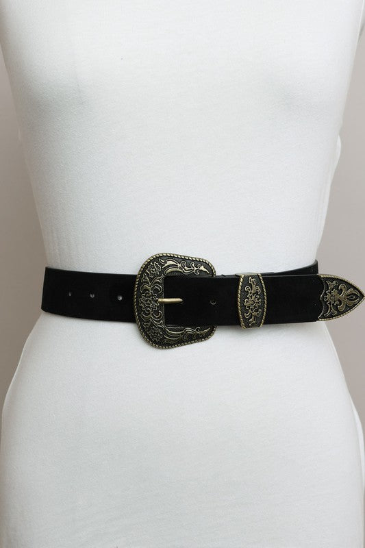 Suede Antique Gold Western Buckle Belt - Tigbul's Variety Fashion Shop