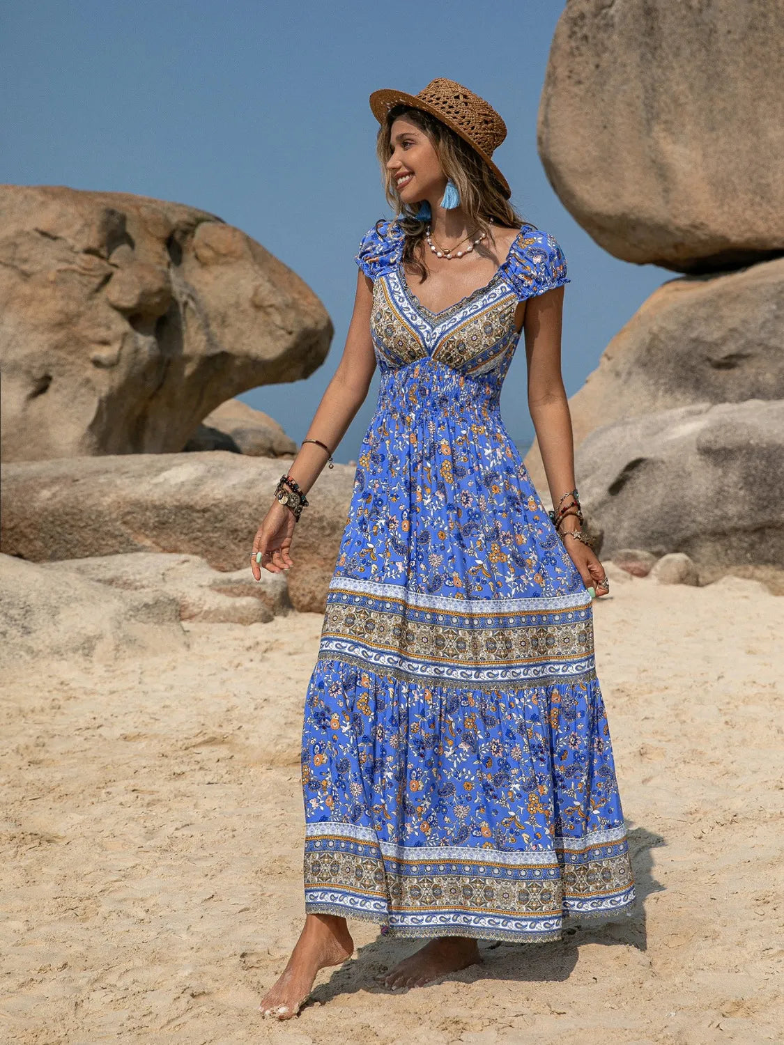 Printed V-Neck Cap Sleeve Midi Dress - Tigbul's Variety Fashion Shop