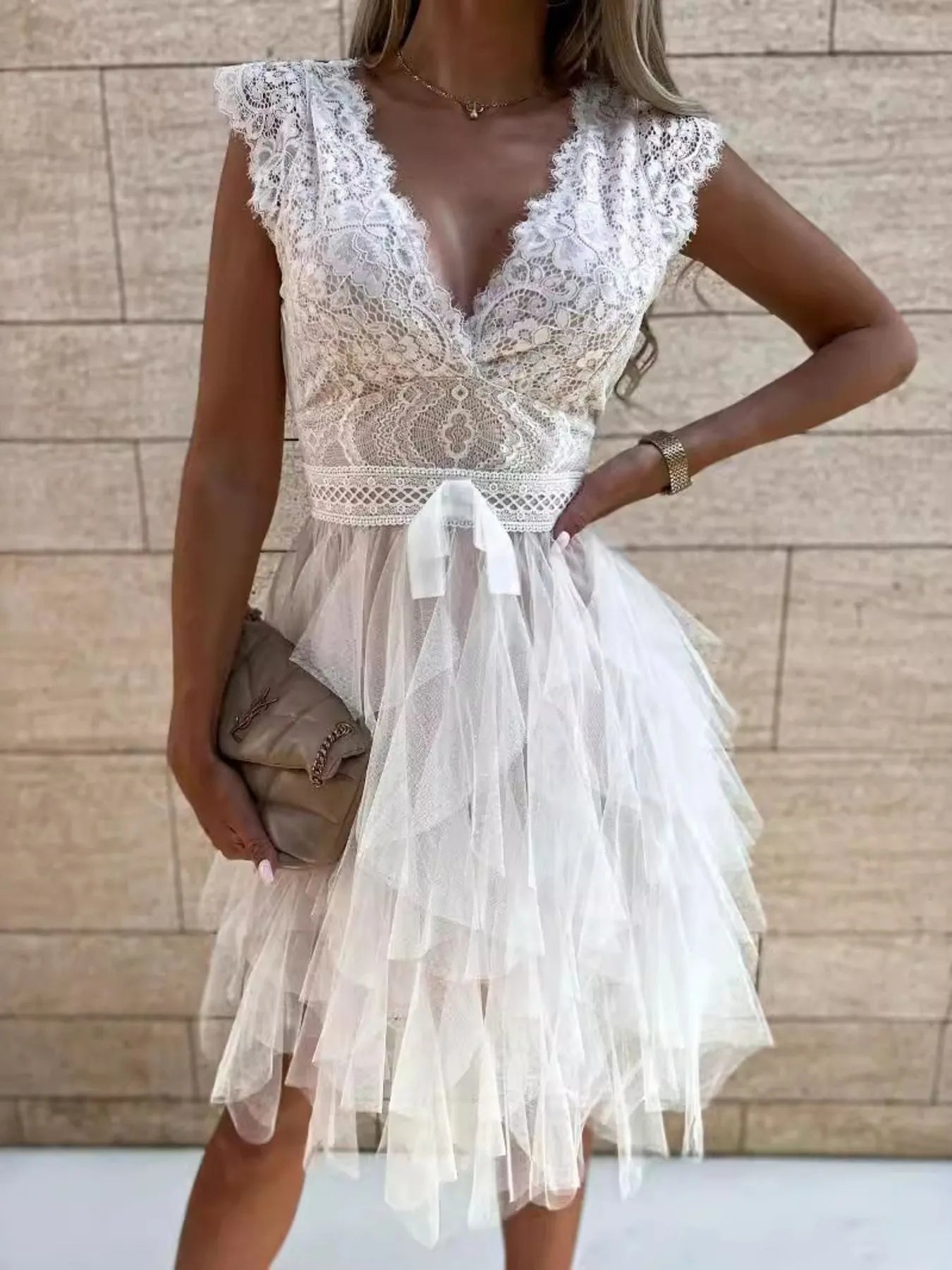 Lace V-Neck Ruffle Dress - Tigbul's Variety Fashion Shop