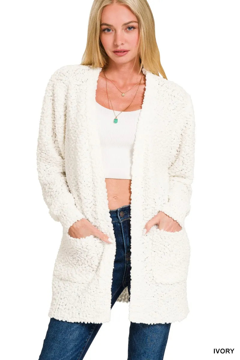 Zenana Long Sleeve Popcorn Sweater Cardigan with Pockets - Tigbul's Variety Fashion Shop