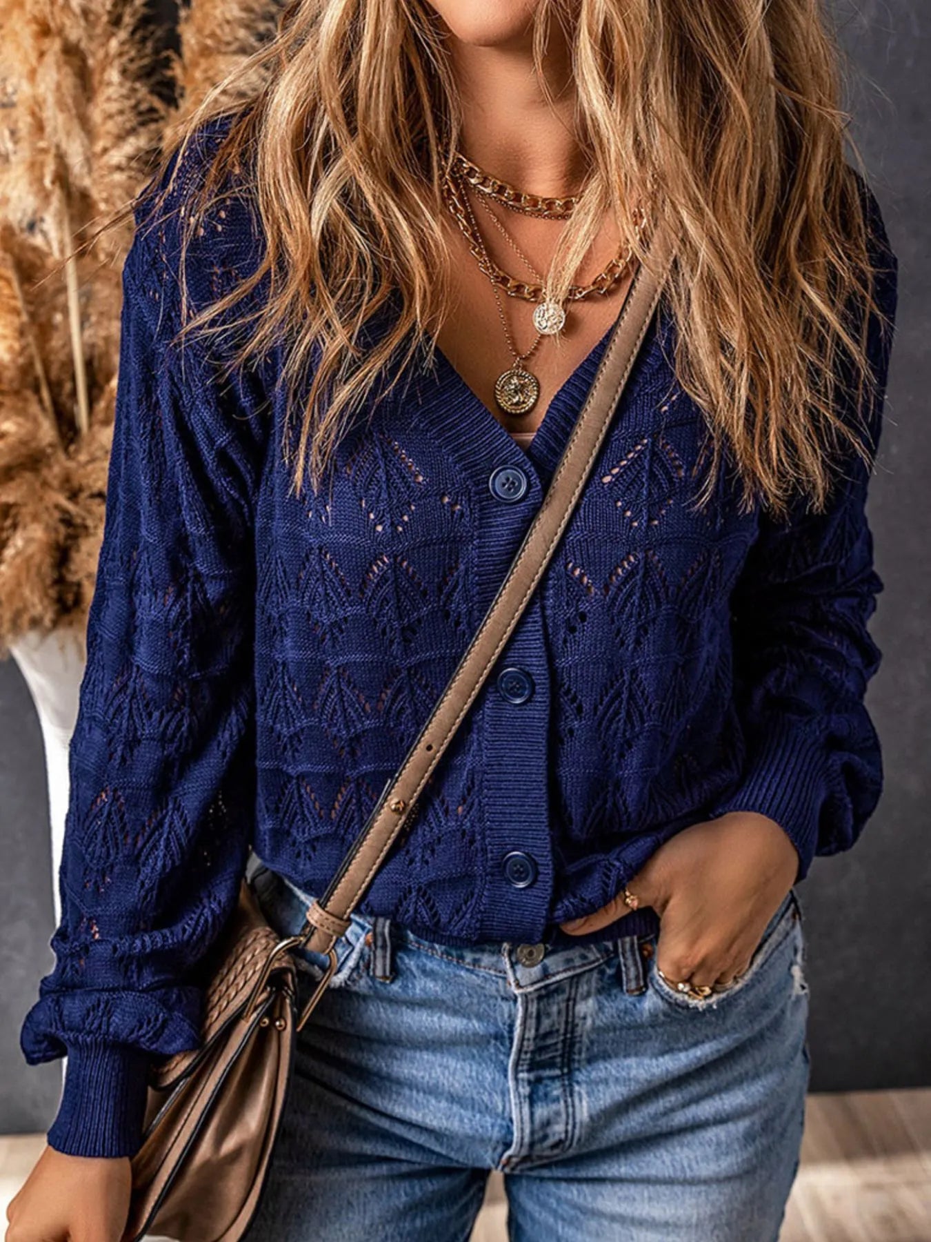 Openwork Button Up Cardigan - Tigbul's Variety Fashion Shop