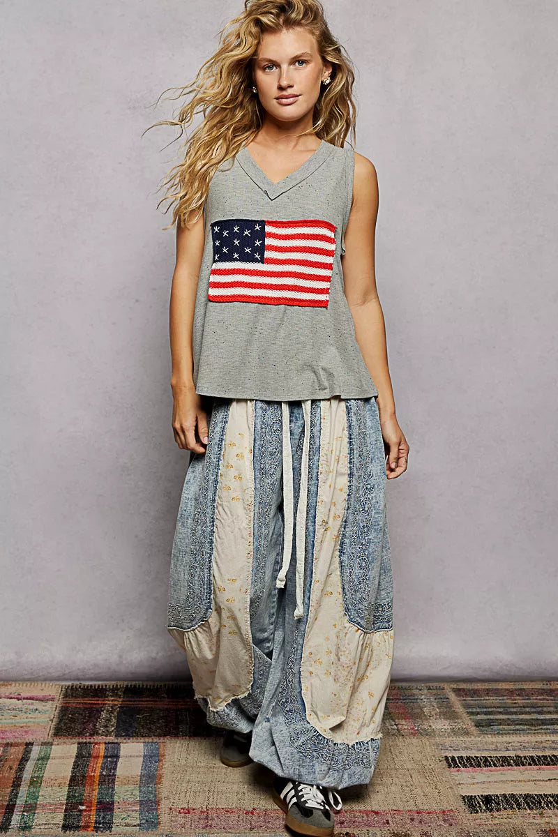 POL V-Neck Ribbed Tank with American Flag Patch and Star Back Patch - Tigbul's Variety Fashion Shop
