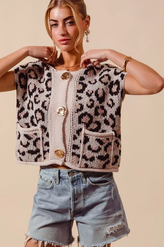 SO ME Big Metal Button Front Leopard Sweater Vest Top - Tigbul's Variety Fashion Shop