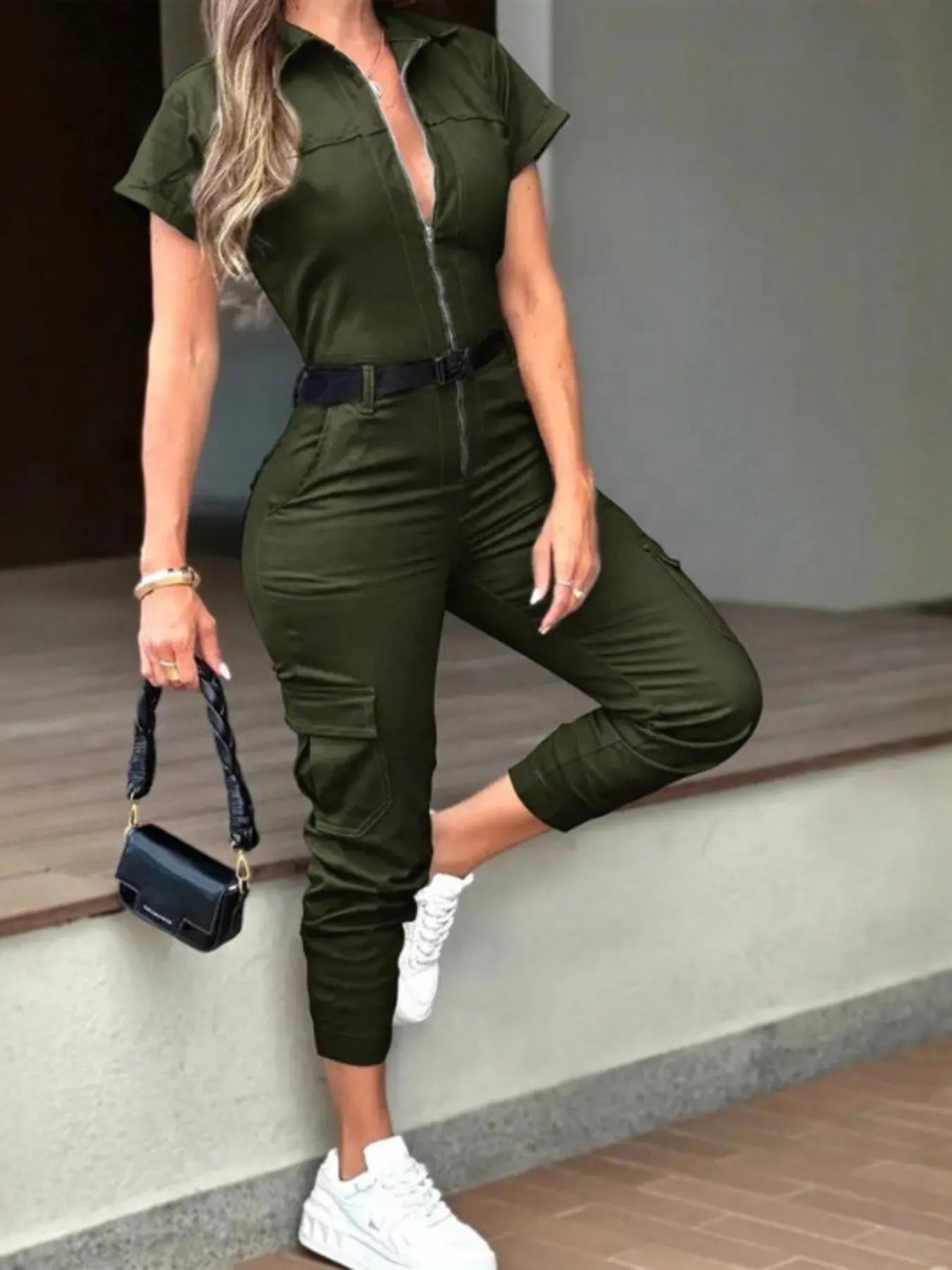 Zip Front Short Sleeve Jumpsuit - Tigbul's Variety Fashion Shop
