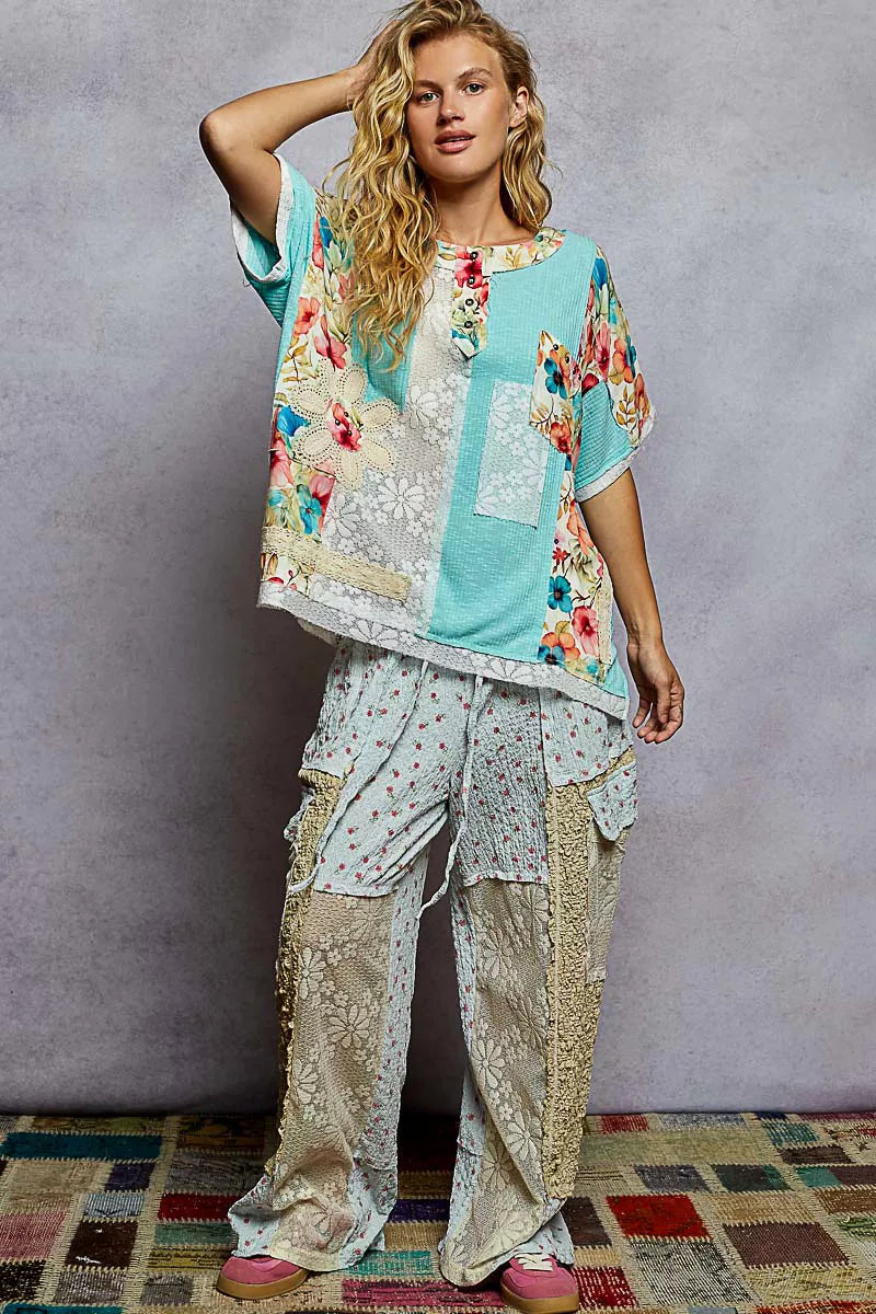 POL Lace Round Neck Short Sleeve Floral Pattern Top with Patch Detail - Tigbul's Variety Fashion Shop
