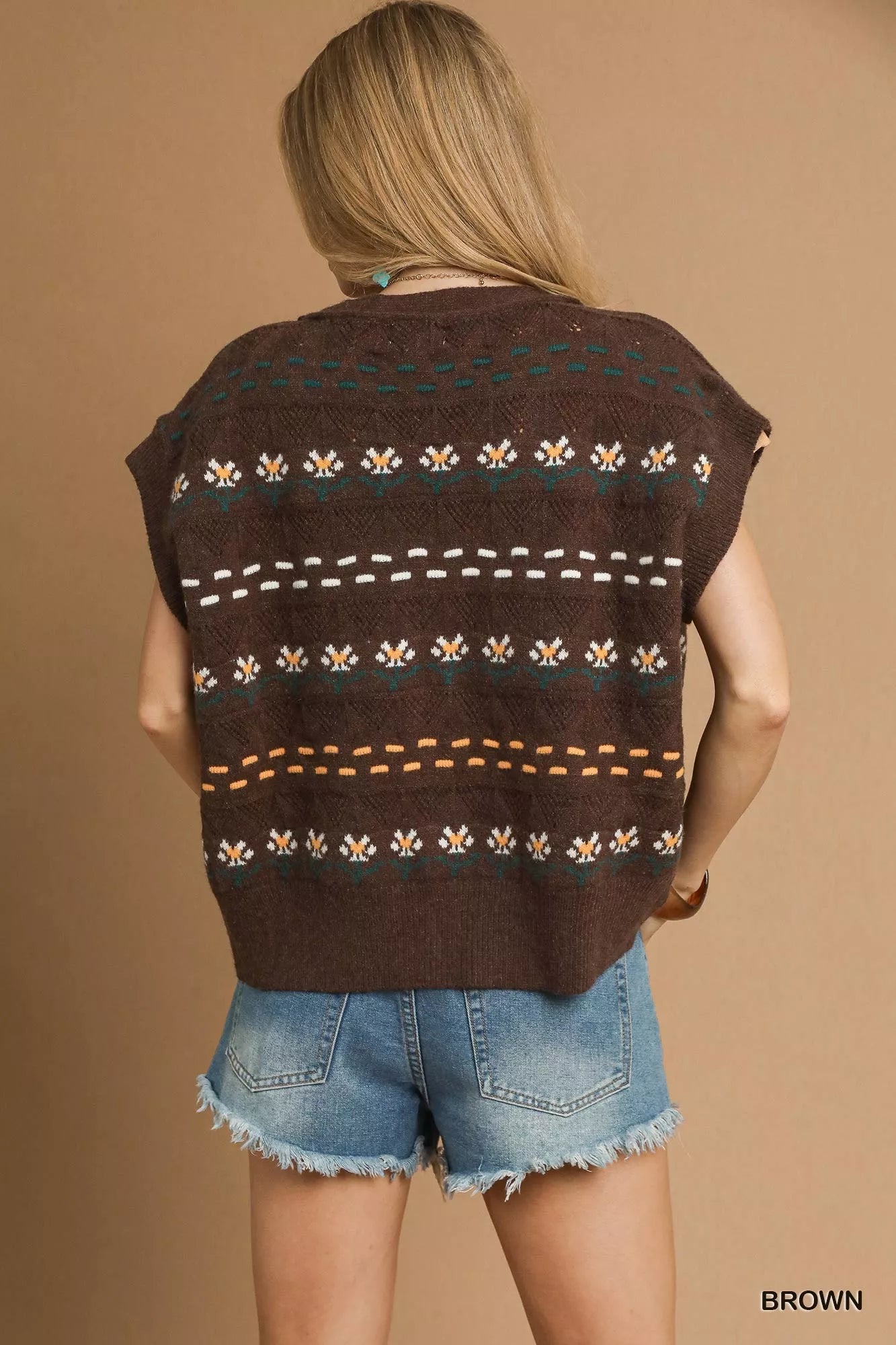 Umgee Button-Down Knit Vest with Floral Pattern - Tigbul's Variety Fashion Shop