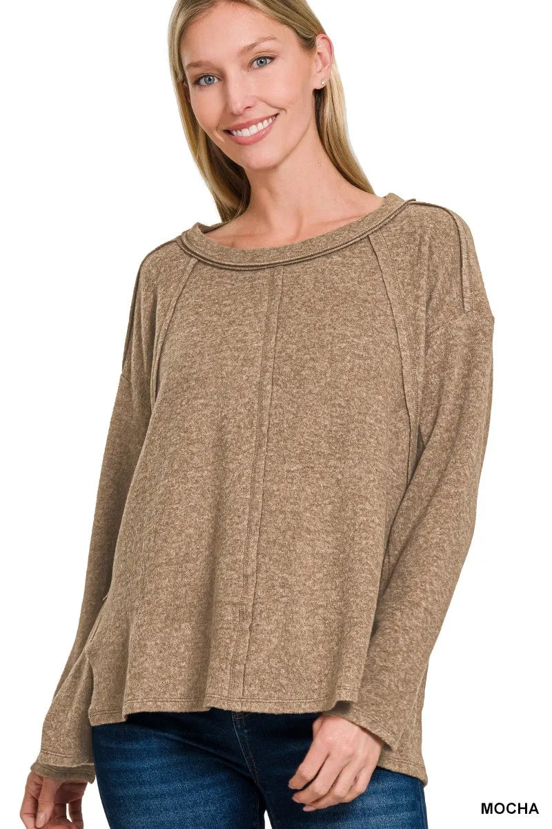 Zenana Brushed Hacci Exposed Seam Hi Low Sweater - Tigbul's Variety Fashion Shop
