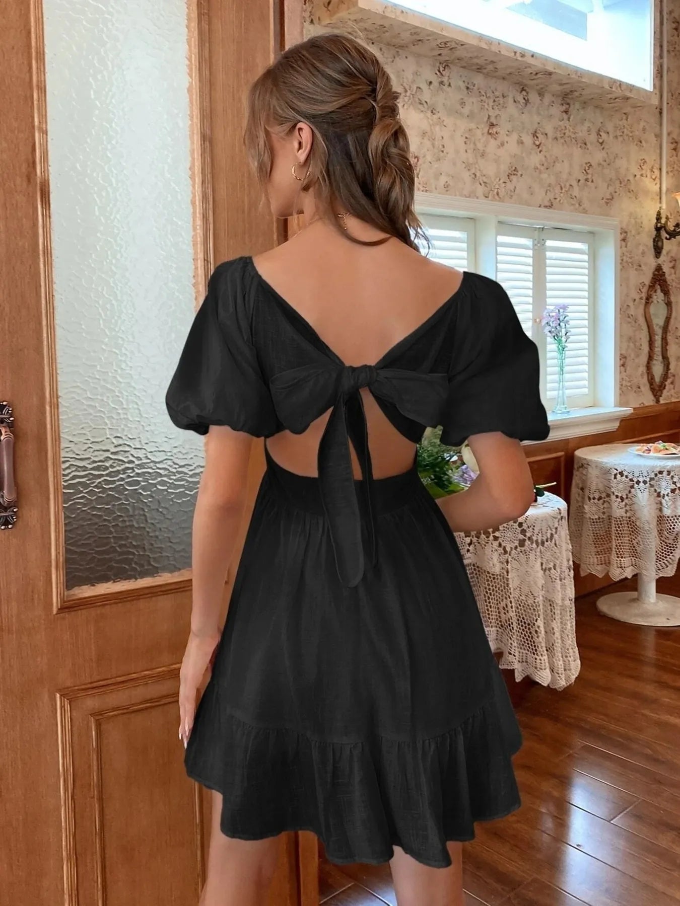 Square Neck Puff Sleeve Mini Dress - Tigbul's Variety Fashion Shop