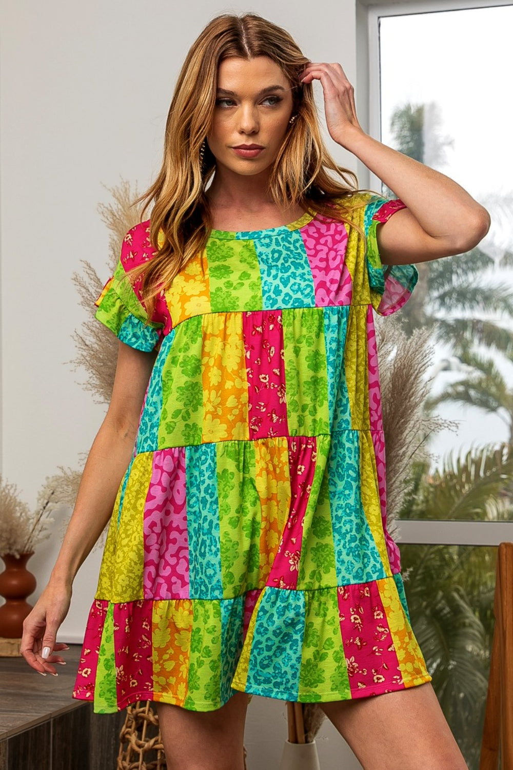 BiBi Leopard Short Sleeve Tiered Dress - Tigbul's Variety Fashion Shop