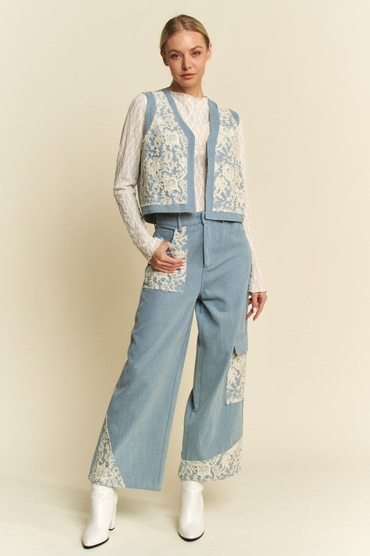 Light Blue Lace Patch Open Front Denim Vest - Tigbul's Variety Fashion Shop