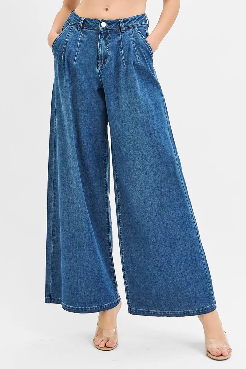RISEN Mid Rise Fit Wide Leg Knit Denim Look Jeans - Tigbul's Variety Fashion Shop