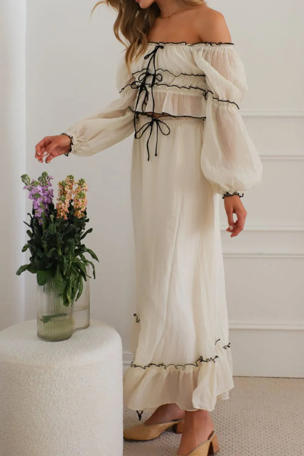 Off-Shoulder Cream Top and Skirt Set - Tigbul's Variety Fashion Shop