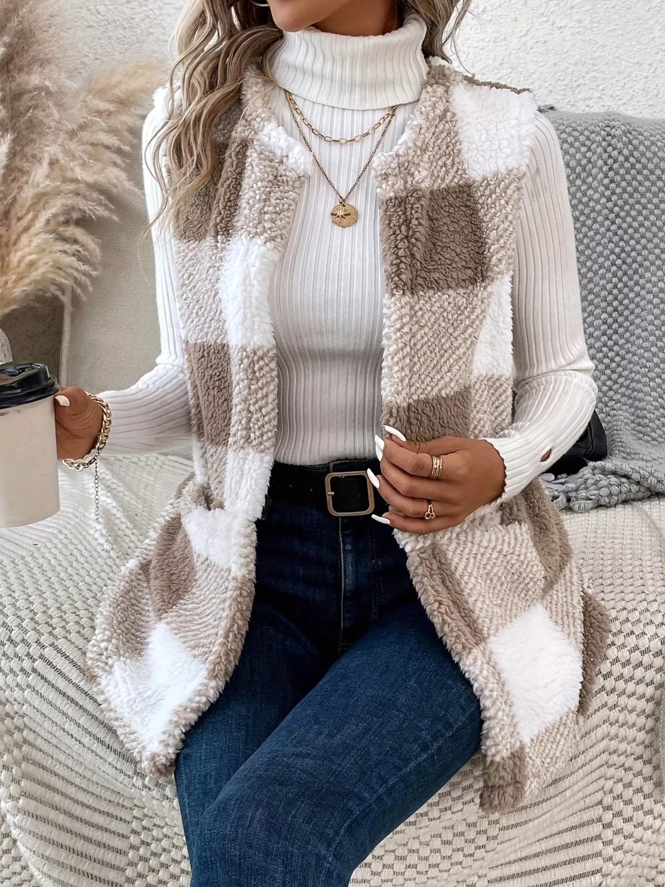 Plaid Sherpa Vest Coat with Pockets - Tigbul's Variety Fashion Shop