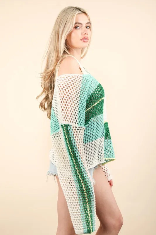 Green Color Block Oversized Summer Knit Cover Up - Tigbul's Variety Fashion Shop