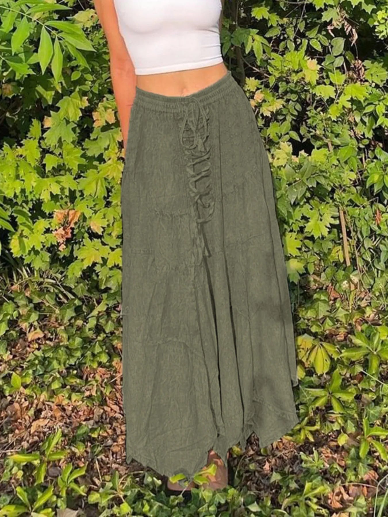 Asymmetrical Hem Midi Skirt with Drawstring Waist - Tigbul's Variety Fashion Shop