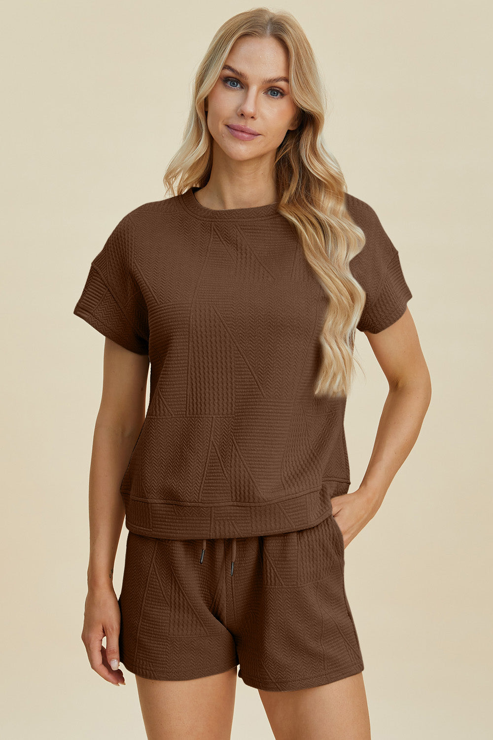 Texture Short Sleeve Top and Shorts Set - Tigbul's Variety Fashion Shop