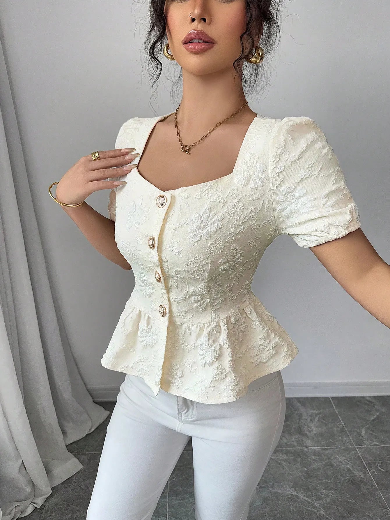 Peplum Button-Front Blouse - Tigbul's Variety Fashion Shop