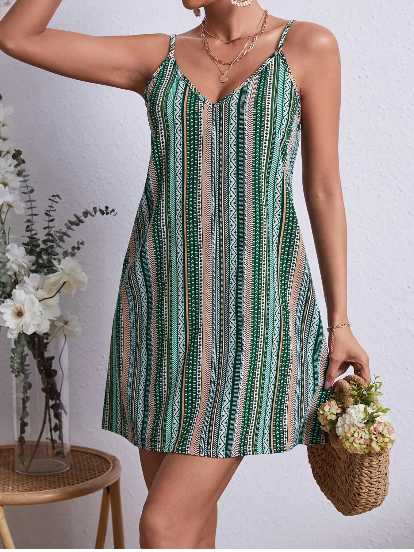 Striped V-Neck Cami Dress - Tigbul's Variety Fashion Shop