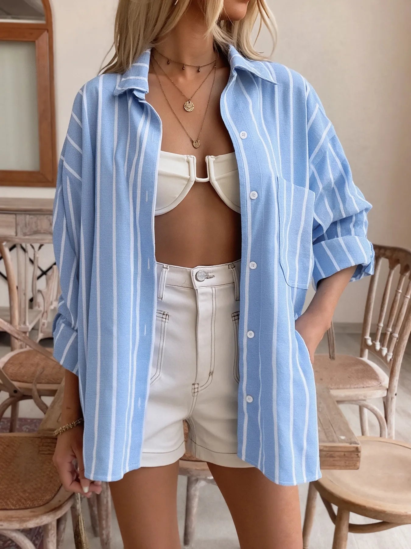 Striped Oversized Button-Down Shirt - Tigbul's Variety Fashion Shop