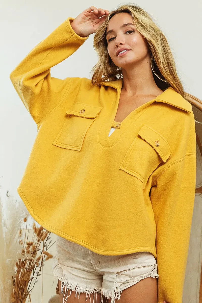 BiBi Flap Pockets Fleece Collared Sweatshirt - Tigbul's Variety Fashion Shop