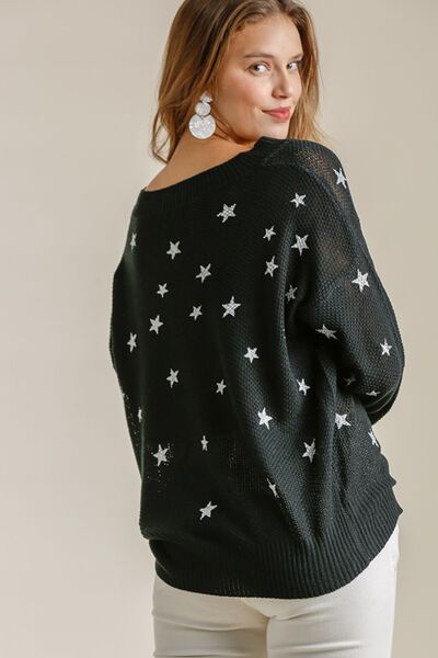 Black Star V-Neck Long Sleeve Sweater - Tigbul's Variety Fashion Shop