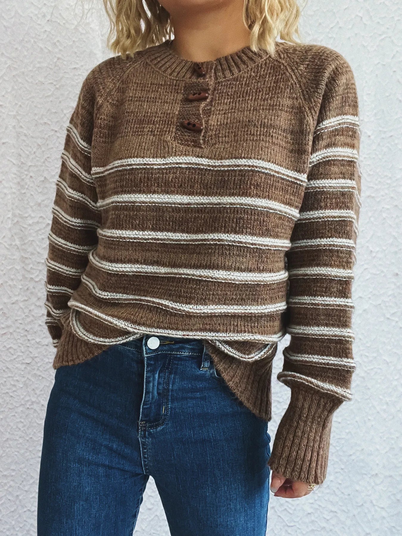 Striped Button Detail Long Sleeve Sweater - Tigbul's Variety Fashion Shop