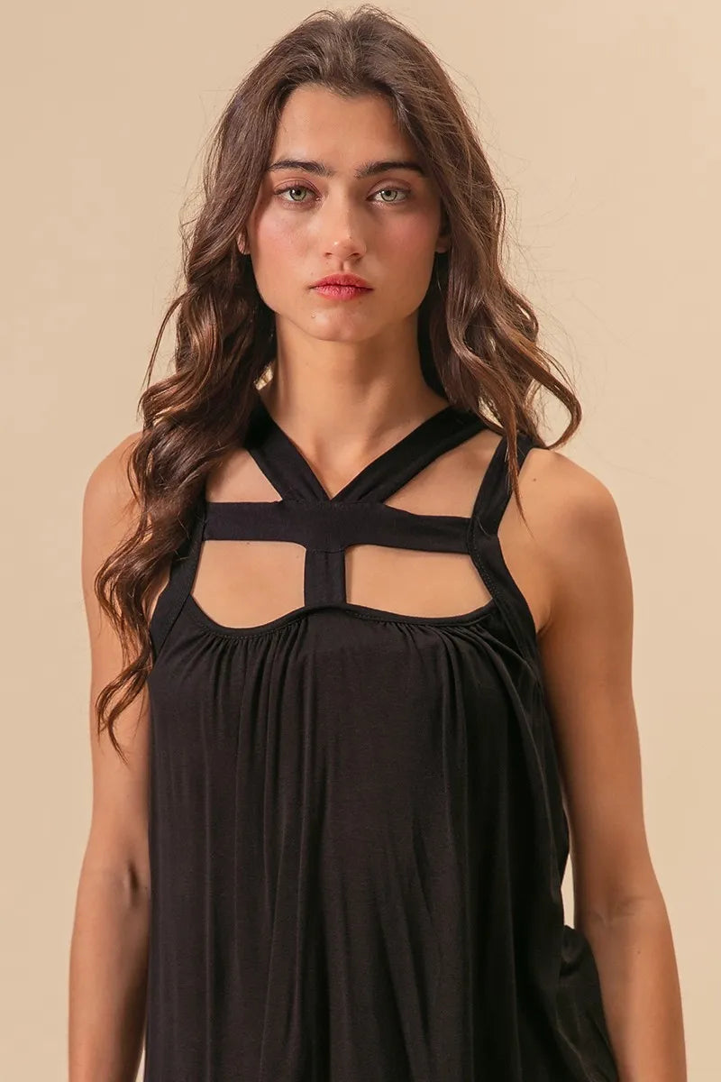 Black Rayon Span Jersey Cut Out with Straps Detailed - Tigbul's Variety Fashion Shop