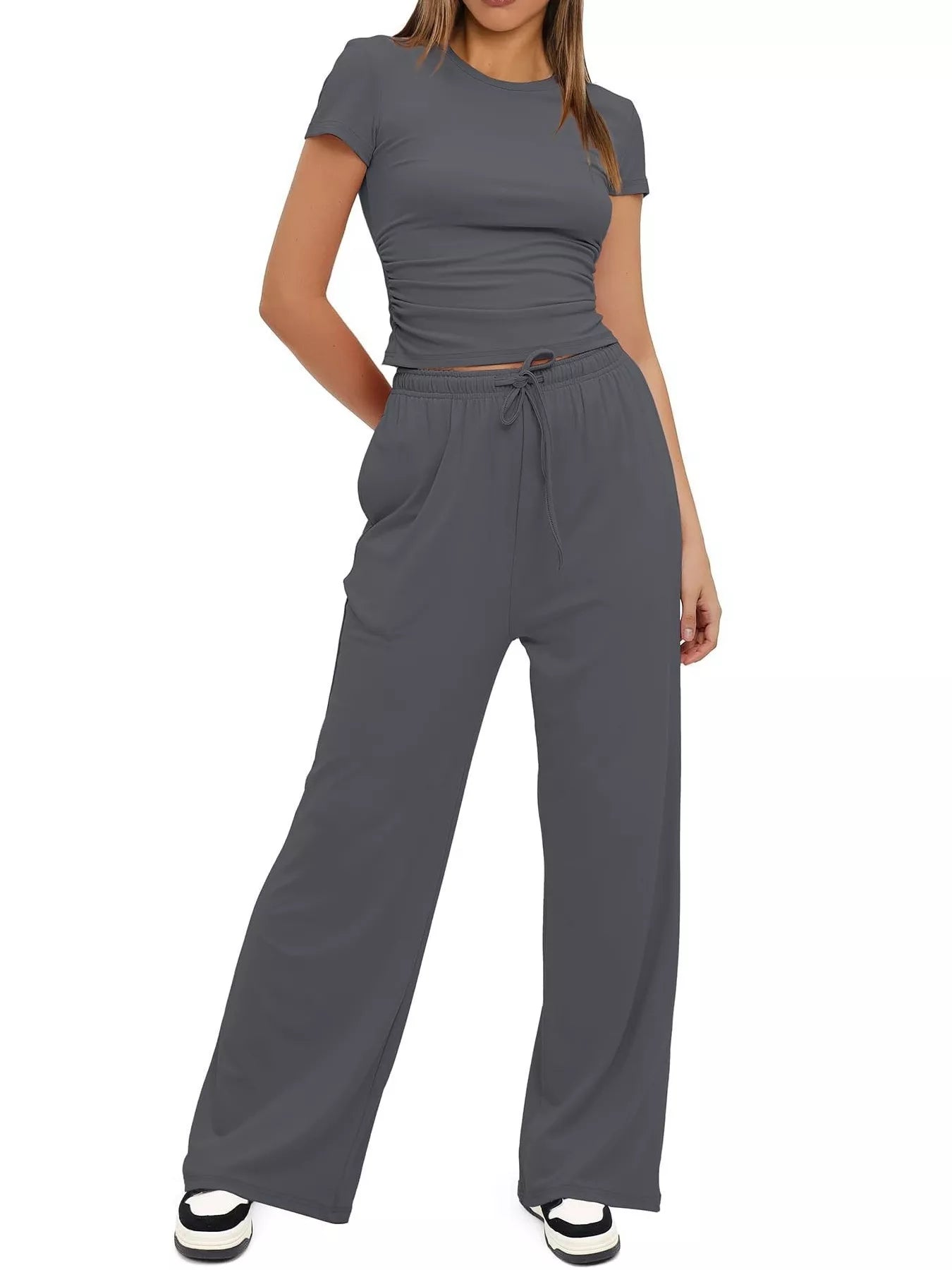 Round Neck Short Sleeve T-Shirt and Pants Set - Tigbul's Variety Fashion Shop