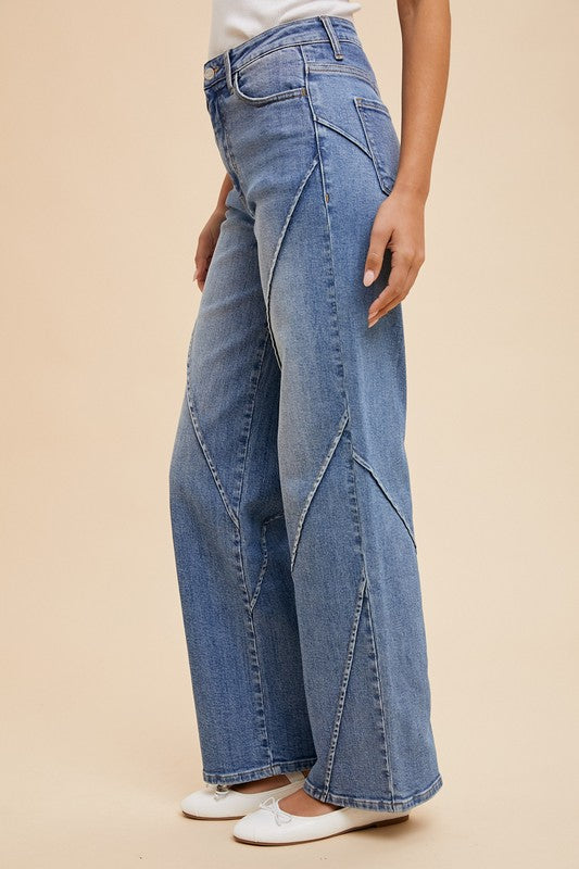 Blue Decorative Seams Wide Leg Jeans - Tigbul's Variety Fashion Shop