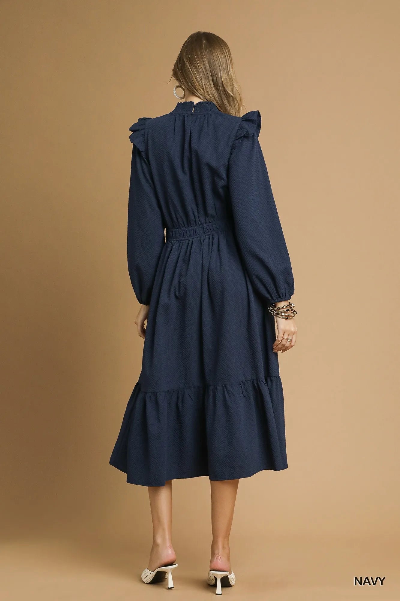 Umgee Textured Midi Dress with Ruffle Shoulder Detail - Tigbul's Variety Fashion Shop