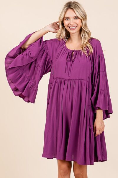 Red-Violet Frill Tie Neck Bell Sleeve Dress - Tigbul's Variety Fashion Shop