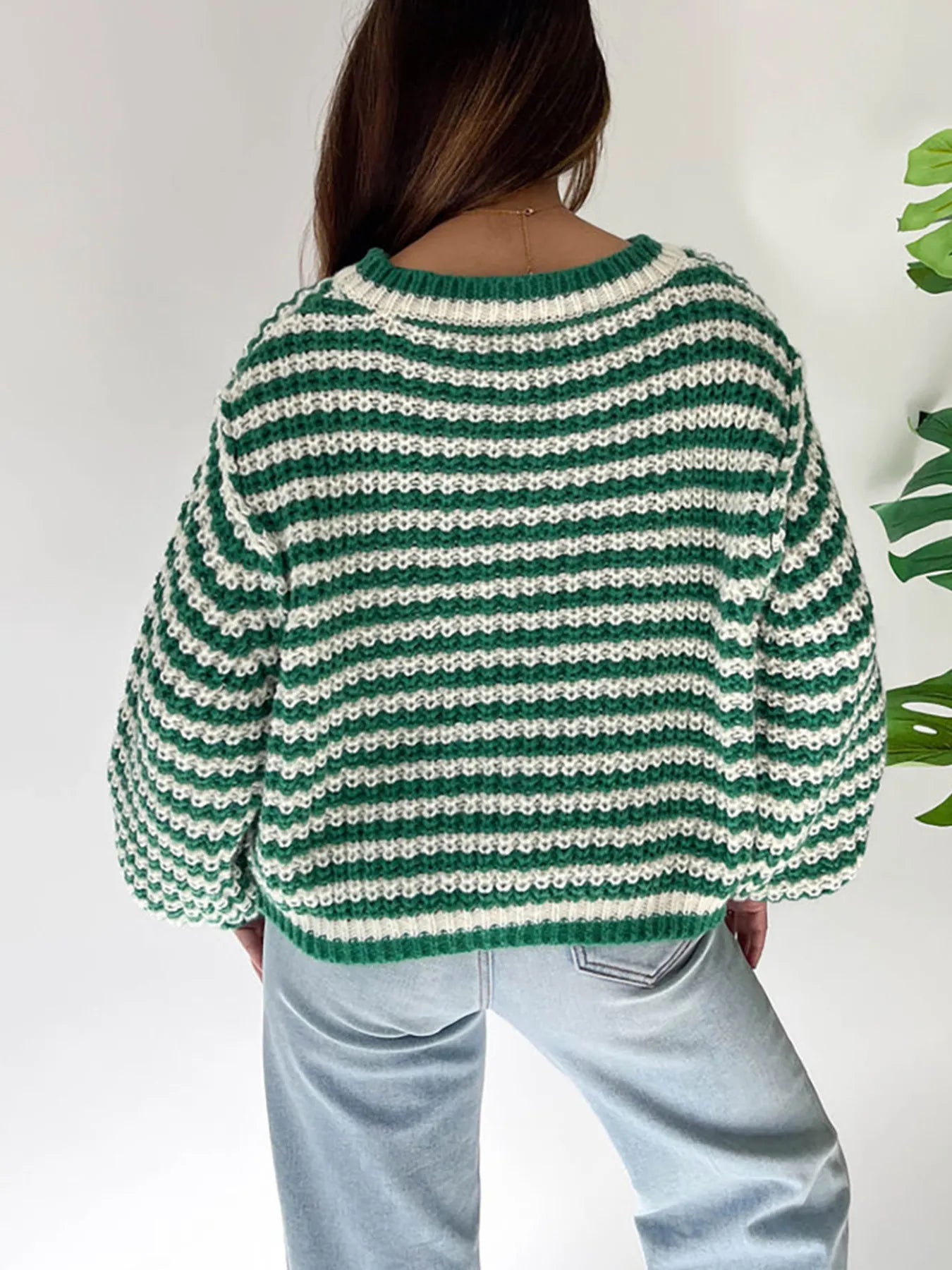 Oversized Striped Drop Shoulder Sweater - Tigbul's Variety Fashion Shop