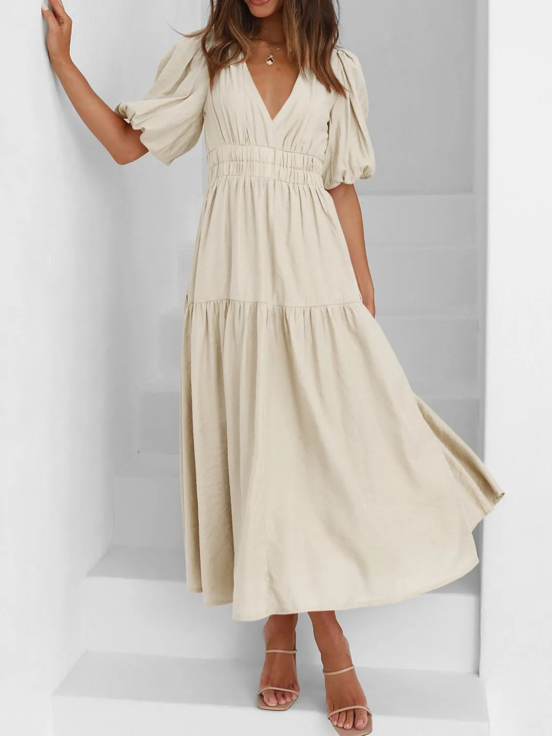 V-Neck Puff Sleeve Midi Dress - Tigbul's Variety Fashion Shop