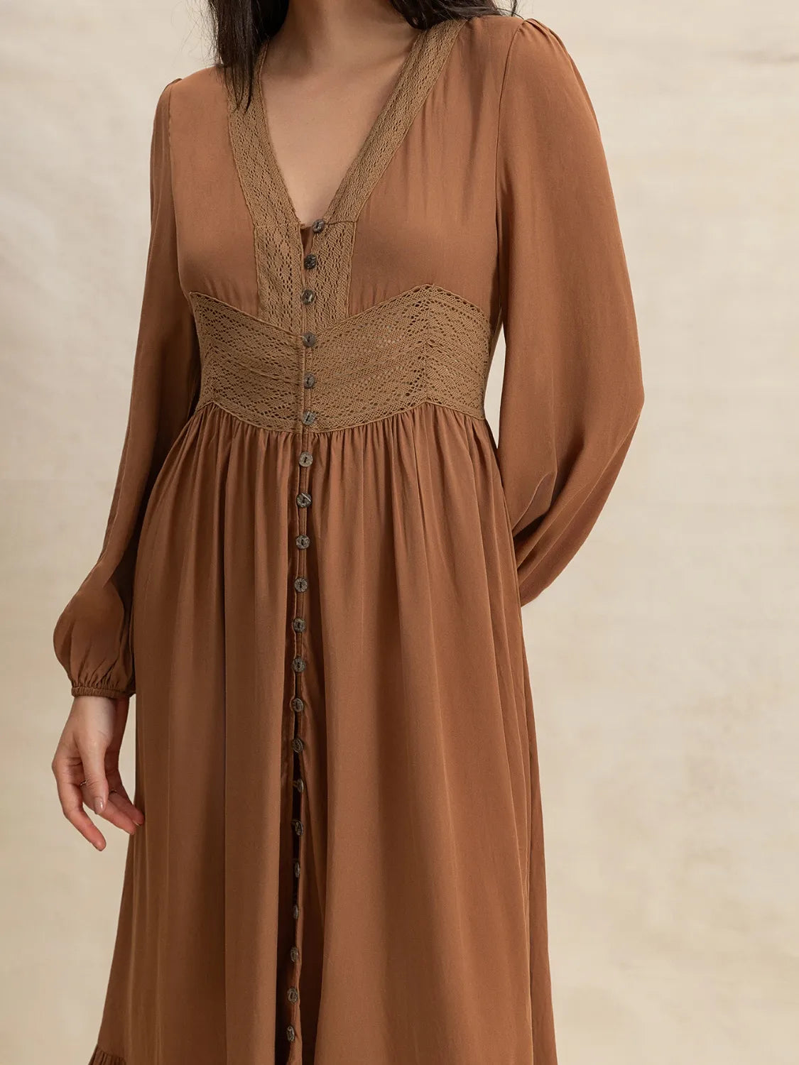Brown Ruffled Hem V-Neck Balloon Sleeve Maxi Dress - Tigbul's Variety Fashion Shop