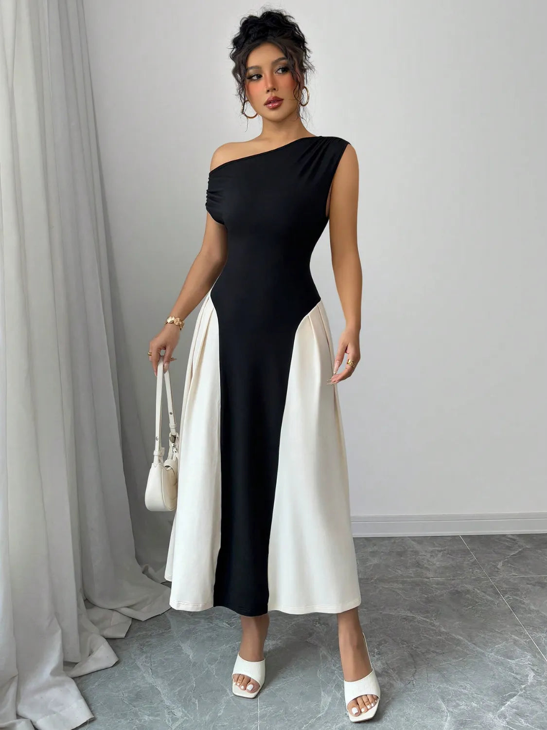 Contrast Single Shoulder Midi Dress - Tigbul's Variety Fashion Shop