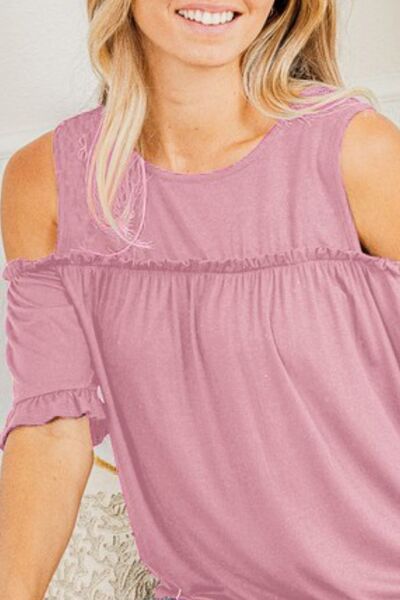 Pink Frill Round Neck Cold Shoulder T-Shirt - Tigbul's Variety Fashion Shop