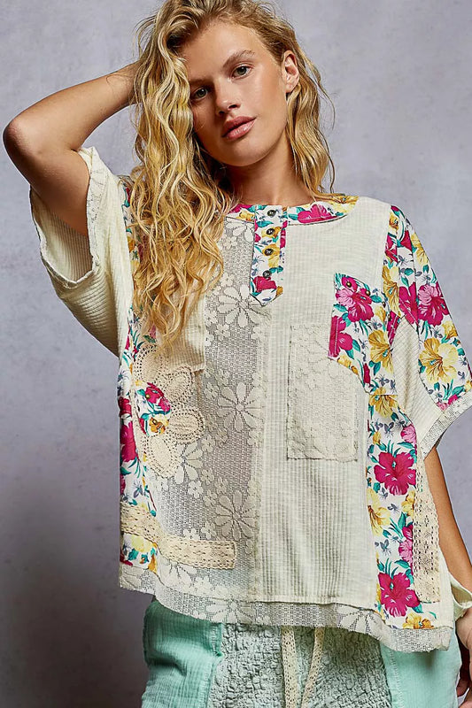 POL Lace Round Neck Short Sleeve Floral Pattern Top with Patch Detail - Tigbul's Variety Fashion Shop