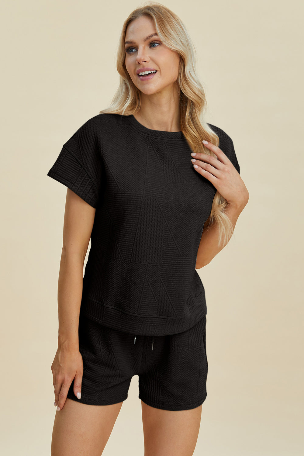 Texture Short Sleeve Top and Shorts Set - Tigbul's Variety Fashion Shop