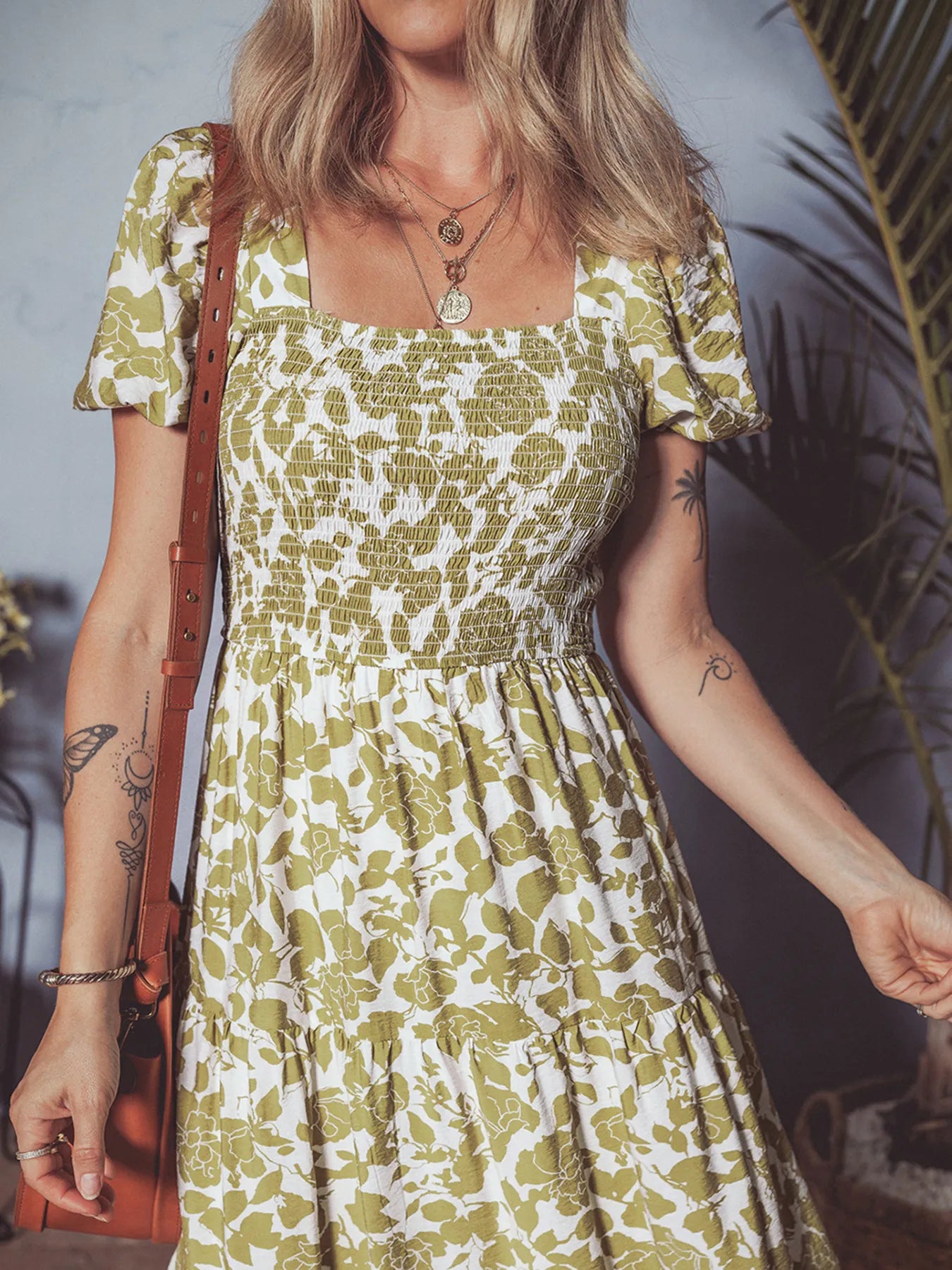 Boho Floral Square Neck Smocked Bust Puff Sleeve Tiered Dress - Tigbul's Variety Fashion Shop