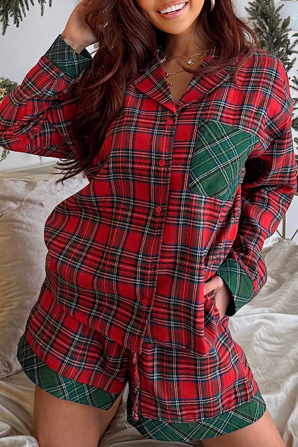 Plaid Contrast Patched Christmas Holiday Long Sleeve Shirt and Short 2pcs Pajama Set - Tigbul's Variety Fashion Shop