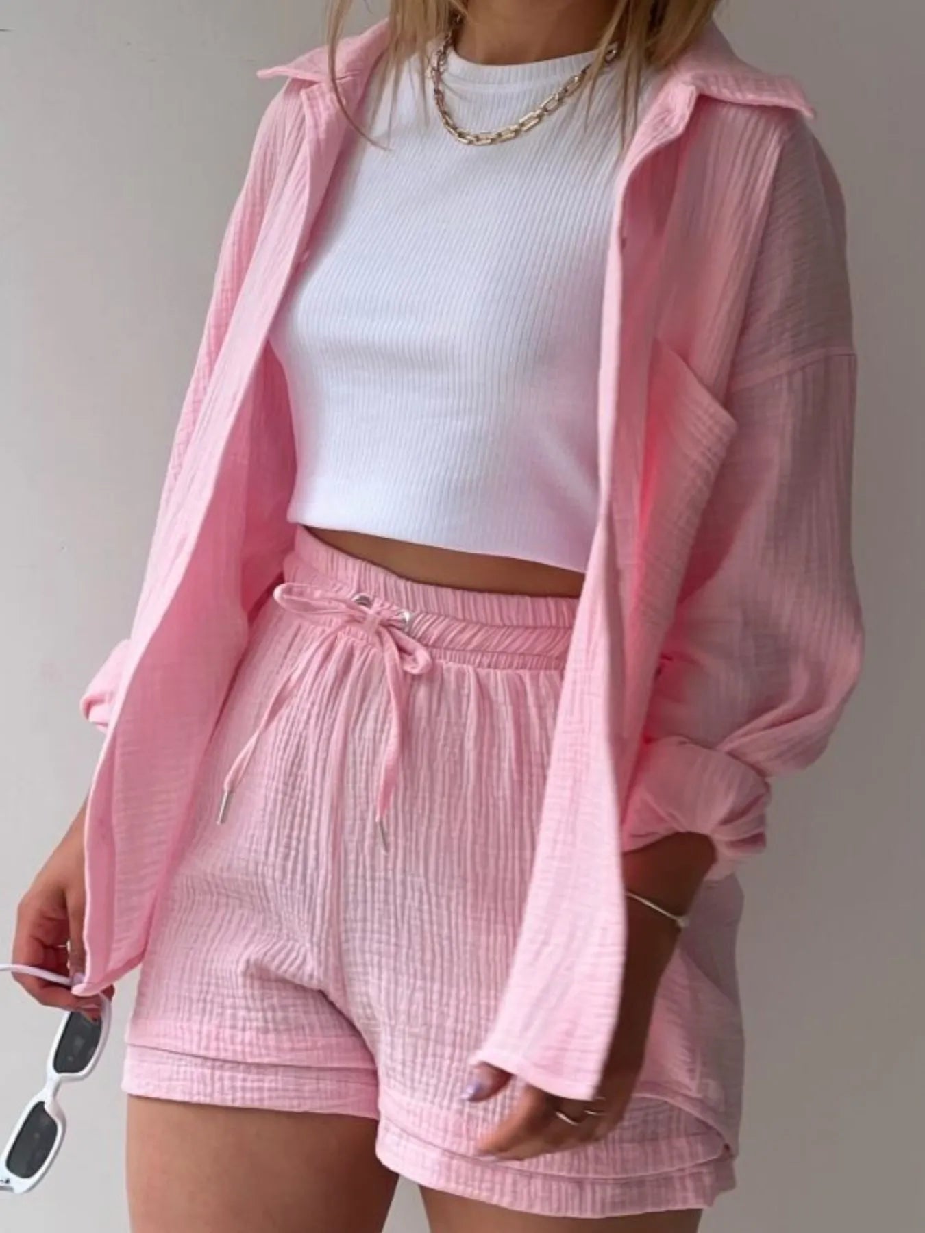Textured Button Up Shirt and Shorts Set - Tigbul's Variety Fashion Shop