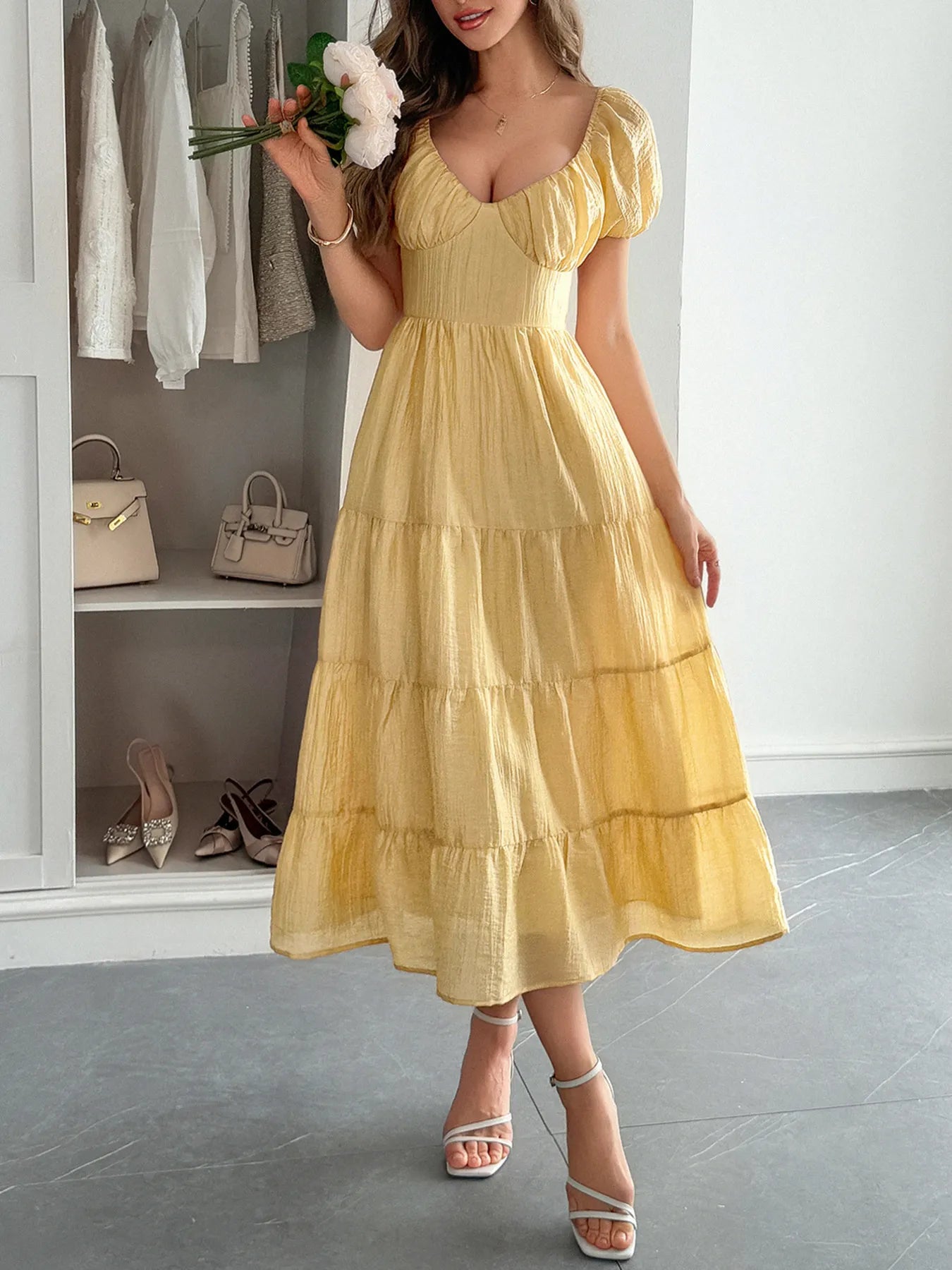 V-Neck Short Sleeve Midi Dress - Tigbul's Variety Fashion Shop